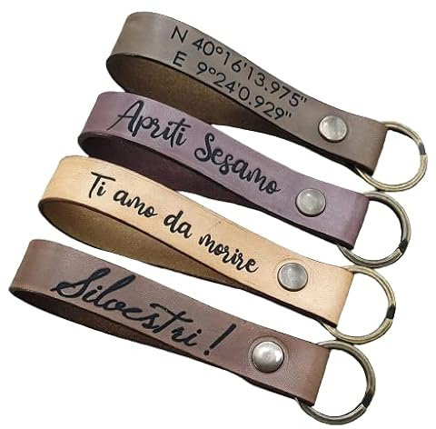 Portachiavi Vera Pelle Personalizzabile nome messaggio frase, idea regalo Anniversario, Portachiavi Cuoio inciso laser uomo donna, Pelle dipinta con caffè