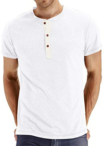 LBL Mens Fashion Casual Front Placket Basic Long/Short Sleeve Henley T-Shirts 28 White XL