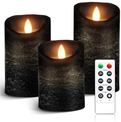 AnnSpa 3 Set Schwarz LED Kerzen Batteriebetriebene mit Fernbedienung,Flammenlose Echtes Wachs Flackern Moving Wick Flackern Amber Yellow Light Pillar Candles,Unscented Wachs für Geschenk/Dekoration