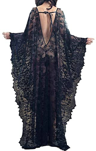 LeofL Women Long Lace Kaftan Beach Maxi Dressing Gown Nightgown Swimsuit Cover Ups