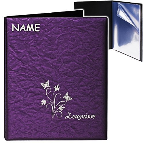 alles-meine.de GmbH A4 - Zeugnismappe/Dokumentenmappe - Zeugnisse Schmetterlinge & Blumen - 3D Metallic Effekt - lila/violett - inkl. Name - GEBUNDEN mit 20 festen ..