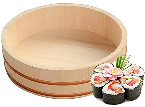 WSHA Kit japonés para Hacer Sushi Hangiri, Cuenco para Mezclar arroz, Tina de arroz para Sushi de Madera, Sushi Oke para condimentar y Enfriar uniformemente el arroz, Madera de Pino Blanco,33x7.5cm