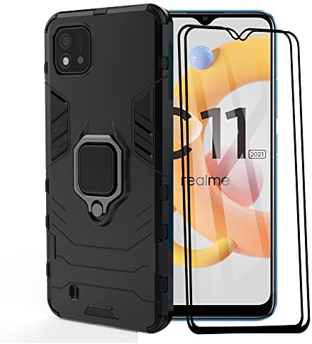 ESTH® Kompatibel mit Realme C11 2021 Hülle mit 2 Pack Panzerglas [Strapazierfähig] Ring Ständer Case [für Handyhalterung Auto Magnet] Militär Stoßfest Handyhülle, Schwarz