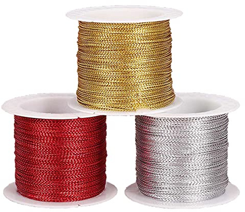 CENPEK 3 Rollen Metallic-Kordel, Schmuckfaden, Bastelschnur, 1 mm, metallische Schmuckschnur, Bastelbedarf für Schmuck und Lametta, Handstickerei, Basteln, Silber, Rot, Gold