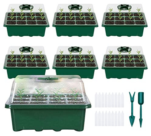 MAINOSHY Seed Trays for Seedlings, 6Pack Seed Propagator Tray Seed Starter Tray with lid Plant Germination Box with Plant Labels and Plant Tools for Greenhouse & Gardens (Green)