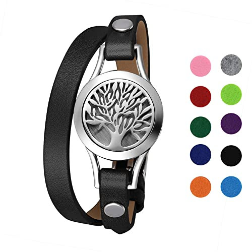 Flongo Bracelet Diffuseur d'Huiles Essentielles,Bracelet Femme Cuir Arbre de Vie Aromatherapie avec 10 Pièces en Feutre Bracelet Parfum Olfactif Fantaisie - Cadeaux d'anniversaire Fête des Mères