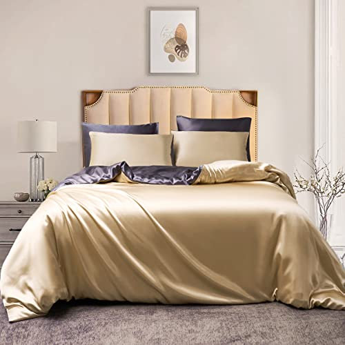 Damier Bettwäsche 135x200cm 4 teilig Satin Glänzend Beige Grau Wendebettwäsche Set Seidig Glatt Bettbezug mit Reißverschluss und 2 Kissenbezüge 80 × 80 cm