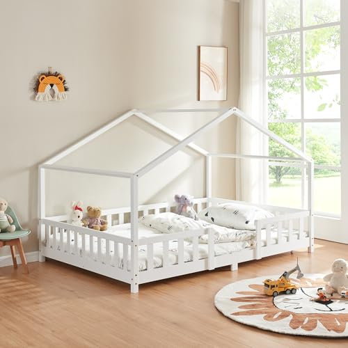 [en.casa] Letto per Cameretta a Forma di Casetta con Barriera di Protezione Letto Francese per Bambini Struttura in Legno di Pino 140 x 200 cm Bianco