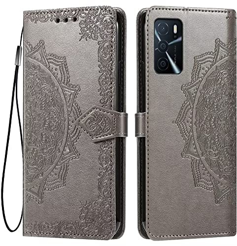 HONLEN Hülle für Oppo A16 / Oppo A16s / Oppo A54s Handyhülle, (6.52 Inches) Premium PU Leder Wallet Magnetverschluss Flip Case mit 3 Kartenfach,Mandala Muster Case Grau