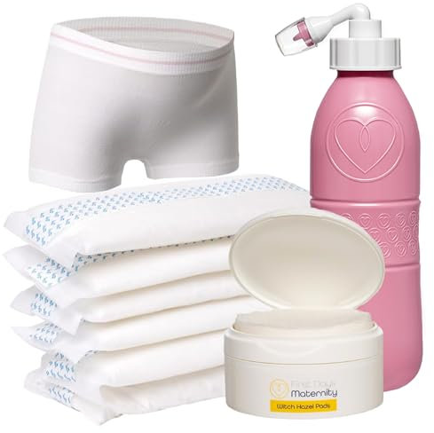 First Days Maternity Hospital Bag and Postpartum Essentials Bundle, Contains 6 Instant Perineal Cold Packs, a Pink Peri Bottle, 1 Tub of 40 Witch Hazel Pads, and 4 Pairs of Large Maternity Pants