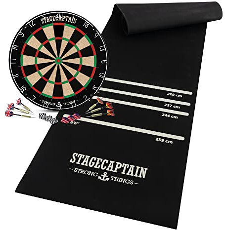 Stagecaptain DBS-1715 Bullseye Pro Dartscheibe mit Pfeilen - Profi Steeldartscheibe aus Sisal - Dartboard mit dünnen Drähten - Dart Scheibe mit 6 Dartpfeilen und 4 Sets Flights - Set inkl. Dartmatte