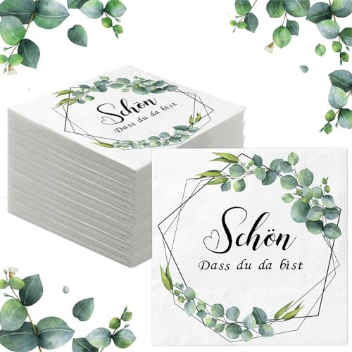Servietten Eukalyptus Grün 40 Stück | Papierserviette Schön Dass Du Da Bist | Tischdeko für Hochzeit | Konfirmation | Babyparty Taufe | Vintage Einweg Napkins Tisch Dekorationen