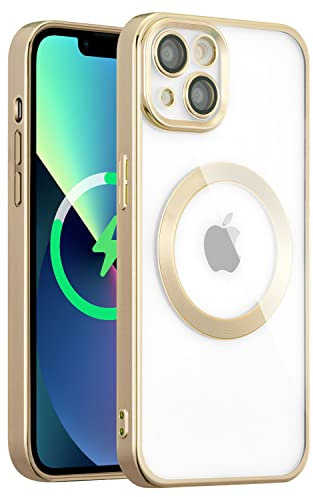 QLTYPRI Magnetic Clear Case for iPhone 14 Compatible with MagSafe Wireless Charging, Electroplated Edge Soft Slim Transparent TPU Bumper Shockproof Phone Case Cover for iPhone 14 6.1 inch – Gold