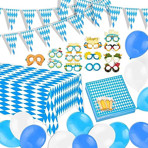 HOWAF Oktoberfest Deko Set, Bayrische deko Wiesn Deko Oktoberfest Party Bayern Deko 10M Oktoberfest Girlande + Oktoberfest Tischdecke + Oktoberfest Partybrille + Servietten Oktoberfest + Luftballons