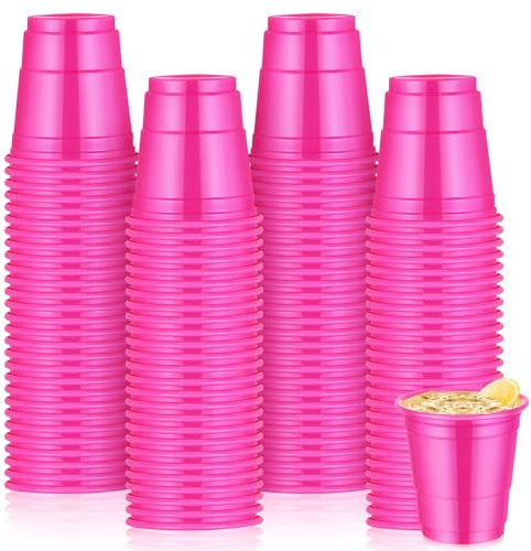 Roshtia 100 Pcs 2 oz Plastic Shot Glasses Mini Disposable Shot Cups Small Plastic Neon Cups for Birthday Party Summer Beer Taste Serving Snacks Samples Tastings(Pink)