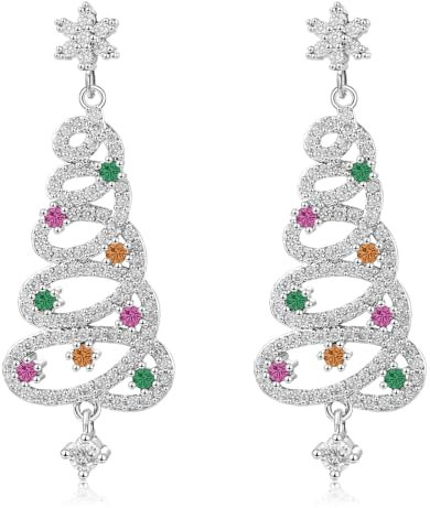 LAXPICOL Christmas Tree Earrings With S925 Sterling Silver Post, Shiny Silver Christmas Earrings For Women, Color Cubic Zirconia Christmas Earrings Jewelry Gift For Women/Teen Girls(Silver)