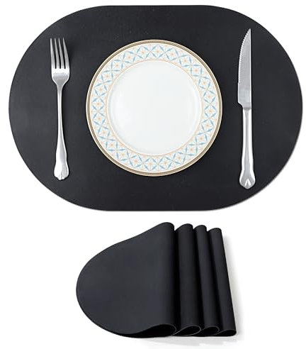 fanquare Platzdeckchen aus Silikon 4er Set, Schwarz Oval Wasserdicht Wärmeisolierend Tischsets, Abwaschbar rutschfest Innen und Außen Platzsets, 43 x 30cm