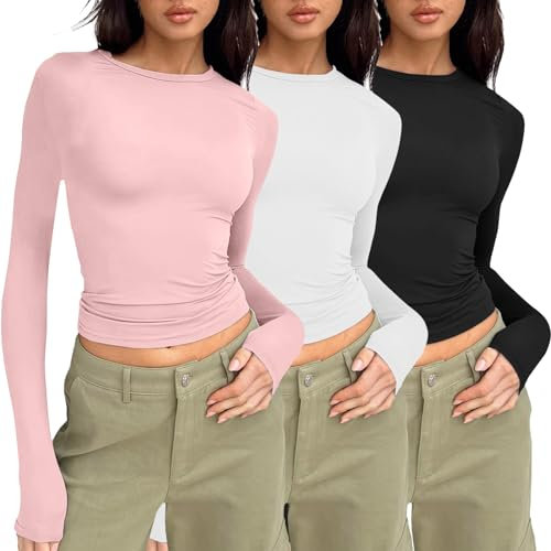 3er Pack Basic Langarmshirt Damen Set Crop Top Y2k Shirt Langarm Tshirt Sport Eng Oberteile Streetwear Long Sleeve Rundhals Slim Fit Clothes Kleidung Klamotten Teenager Mädchen B05- Rosa S