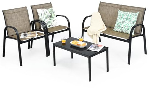 KOMFOTTEU Ensemble de Salon de Jardin 4 Pièces pour 4 Personnes, Mobilier d’Extérieur avec 2 Chaises, 1 Canapé et 1 Table Basse, Meubles de Terrasse pour Cour, Patio, Balcon (Marron)