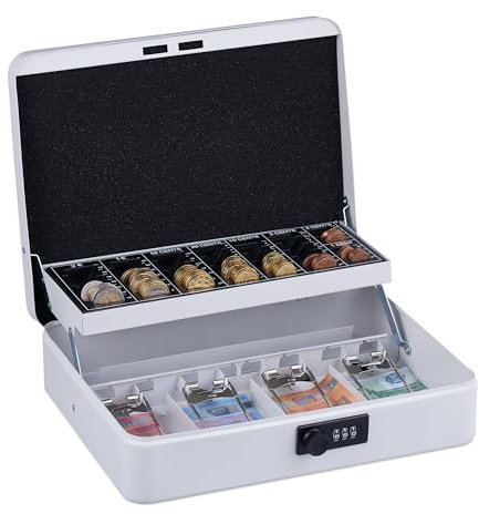 Relaxdays Geldkassette, 3-stellige Zahlenkombination, Münzeinsatz, Geldkasten Eisen, H x B x T: 8,5 x 30,5 x 25 cm, weiß