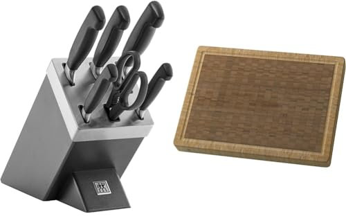 ZWILLING Vier Sterne Selbstschärfender Messerblock, 7-teilig & Schneidbrett aus massiven Bambusholz mit Saftrille, beidseitig nutzbar, groß, 42 x 31 cm