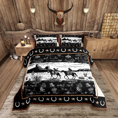 Feelyou Juego de ropa de cama con diseño de caballo, tamaño individual, decoración occidental para niños y niñas, edredón vaquero del salvaje oeste, juego de edredón blanco y negro