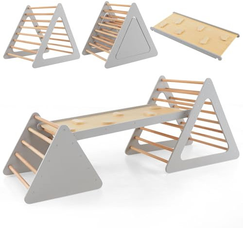 COSTWAY Klettergerüst Indoor, inkl. 2 Kletterdreieck & Kletterleiter, Indoor Spielgeräte Holz, Sprossendreieck Frei kombinierbar, Klettern Kinder Indoor ab 1 Jahr (Grau + Natur)