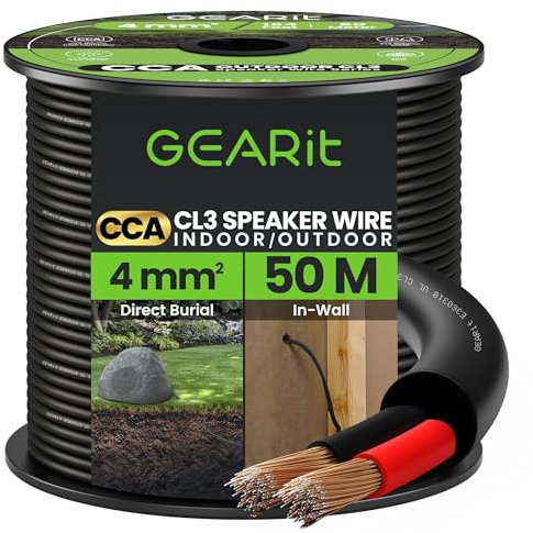 GearIT 12 Gauge 2x4mm² Indoor/Outdoor CL3 Speaker Cable CCA Wire (50m - Black) Copper Clad Aluminum - Direct Burial Underground Rated - 12awg