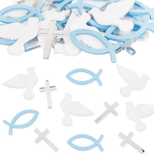 BOOMTOP 30pcs Streudeko Taufe Konfetti Acryl Fische Kreuz Taube Tischdeko Klein Kommunion Blau Silber Weiß Spiegeleffekt Kreuze Deko für Jungen Mädchen Konfirmation Firmung Erstkommunion Babyparty
