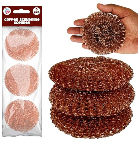 3x Copper Coated Scourers – Non Scratch Rust Resistant Mesh Scrubbers for Pots Pans Cookware – Reusable Heavy Duty Cleaning Pads – Eco Friendly Kitchen Scouring Tools - 9cm