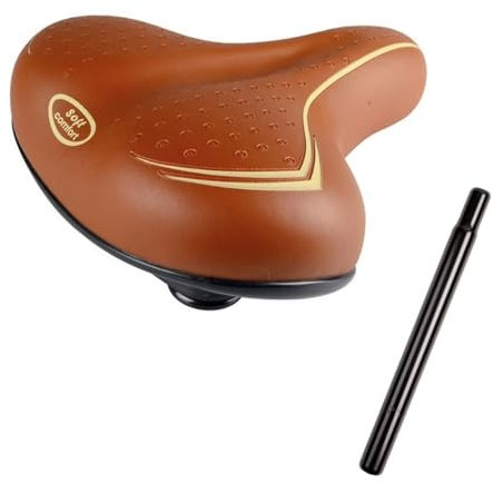 Sella marrone per Bici city bike confort - Molto comoda per uomo e donna - Completa di morsetto - Grande seduta Brown + Canotto/Tubo Reggisella in Acciaio Sella Bici MTB (Tubo Sella Nero)