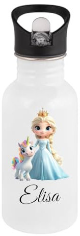 Personalisierte Trinkflasche Kinder Edelstahl [ 400ml ] - Robuste Trinkflasche mit Namen und Prinzessin mit Einhorn - Wasserflasche mit Trinkhalm