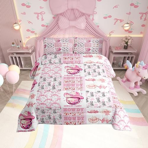 Cowgirl-Stiefel, Kinder-Bettwäsche-Set, Doppelgröße, Schleife, Cowboyhüte, Discoball, Prinzessinnen-Bettwäsche-Set, Mädchen und Frauen, Raumdekoration, geometrische Raster, Kuhfell-Druck, Daunendecke,