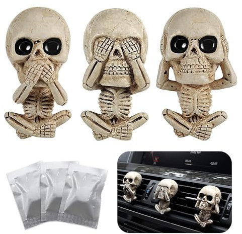 ZYEKIU 3 PCS Diffuseur De Voiture Résine Squelette Clip de Ventilation Diffuseur de Voiture Crâne Voiture Skull Désodorisant avec 3 Comprimés d'Aromathérapie pour Voiture, Climatiseur, Bureau