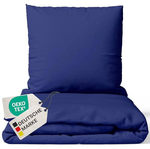 NYVI Bettwäsche Set DreamScience Renforcé Uni 135x200 + 80x80 cm Navyblau - Atmungsaktiv & Weich - 100% Baumwolle - Mit Reißverschluss, Oeko-TEX Zertifiziert, für Allergiker geeignet