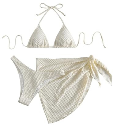 GORGLITTER Damen Bikini Sets Bademode Set 3 Stücke Swimwear Neckholder Triangel Bikinitop Tangas Cuver Up Bikinis mit Schnürung Aprikosenfarben S