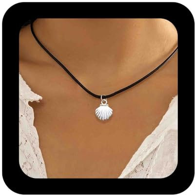 Cimenexe Böhmische Muschel Choker Halskette Silber Metall Jakobsmuschel Anhänger Halskette Schwarze Muschel Wachs Seil Kette Halskette Minimalistische Muschel Kragen Halskette Schmuck Für Frauen
