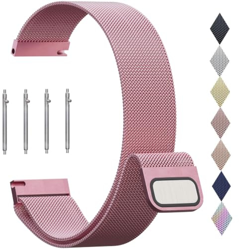 PDSQL Edelstahl Mesh Uhrenarmband, Metall Ersatz Armband Edelstahlarmband mit Magnetverschluss Smartwatch Schnellverschluss Watch Uhren Ersatzband Für Damen Herren (Rosa, 22mm)