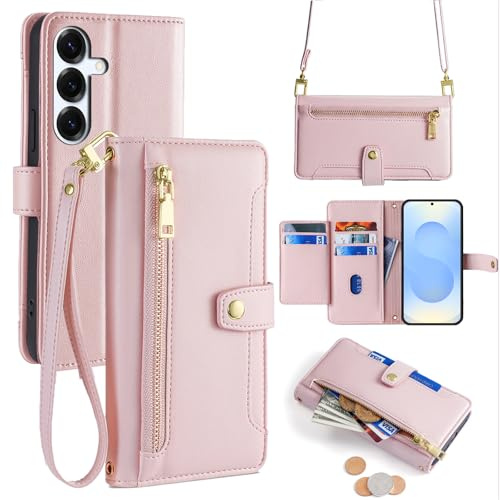 betterfon Handykette kompatibel mit Samsung Galaxy S25+ | Leder Handyhülle mit Kartenfächern | Handyhülle zum Umhängen | Rosa