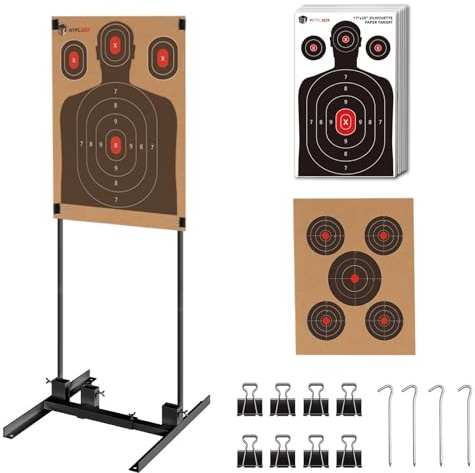 Atflbox Supporto per bersagli da tiro con 10 bersagli di carta da 43,2 x 63,1 cm, resistente, con base regolabile stabile, per sagome in cartone, forma H, IPSC, pratica IDPA (1 confezione-BK)