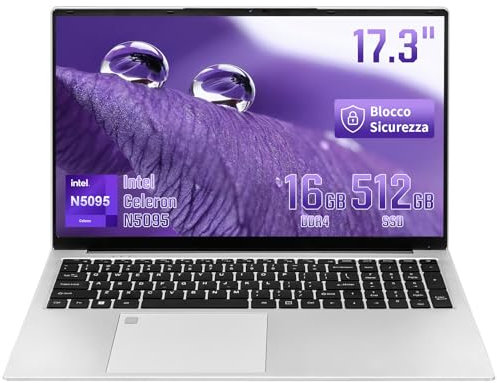 LONGEVINCE Laptop da 17,3 pollici, Celeron N5095 (fino a 2,9 GHz), apertura a 180°, grande display FHD IPS, 16GB DDR4, riconoscimento delle impronte digitali, tastiera retroilluminata. (16+512G)