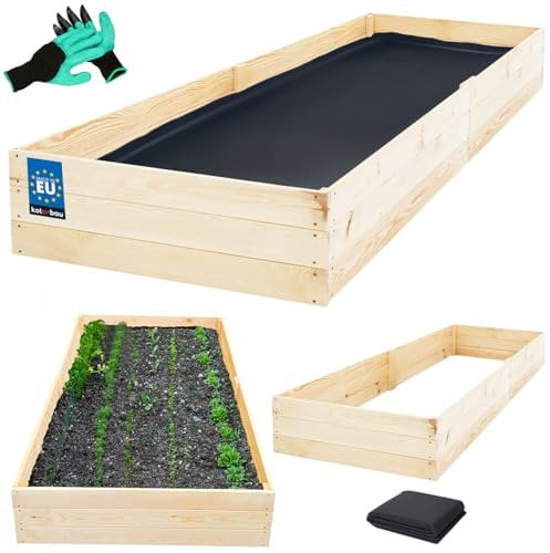 KOTARBAU® Tiefbeet Blumenkasten aus Holz 240x100x27cm Pflanzkästen Naturfarbe Hochbeet Kräuterbeete Pflanzkübel groß Anzuchtbeet Hochbeete für Garten Gemüsezucht Gemüsekiste + Handschuhe mit Krallen