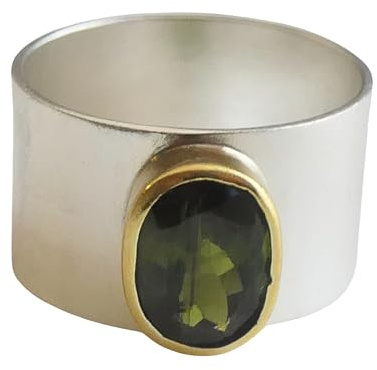 Grüner Turmalin 7x9mm Ring aus vergoldetem Sterling silber | Größe: US Size 6.5 / Diameter 16.9 - Natürlicher Edelstein - Geburtstagsgeschenk - Handgefertigte Geschenkideen für fraun