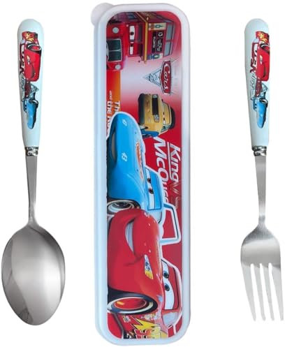 Cars Set de Couverts en Inox, 1 x Fourchette, 1 x Cuillère et 1 x Boite Couverts pour Maison l'école Utilisation, Ensemble de Couverts Transportables, pour Déplacements