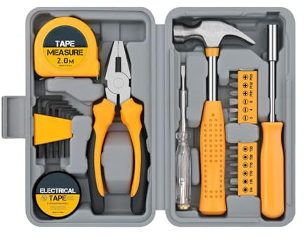 24 PCS Household DIY Tool Kit, Premium Materials Bits, Includes Tape Measure Hex Wrenches Hammer Pliers, Voltage Tester, Electrical Tape, Yellow, Portable Storage Box, for Home