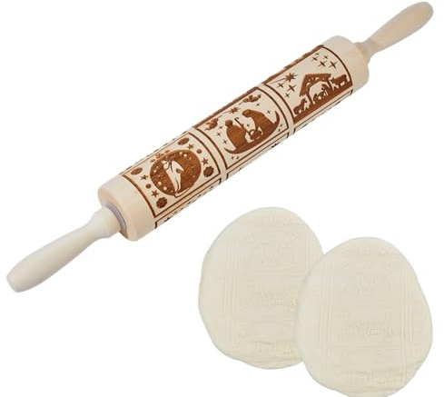DICOSMETIC Rouleau à Pâtisserie en Bois de Noël Rouleau à Pâtisserie en Bois avec Motifs en Relief de 41.7cm pour la Décoration de Cuisine (Motif de Noël Joyeux)
