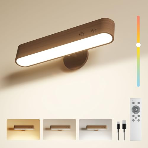 Rechargeable 7500mAh Battery Operated LED Wall Sconce for Bedroom,Touch and Remote Control,360° Rotate Magnetic Wall Lamp Indoor,3 Colors Dimmable Brightness Walnut Wood Wall Light with 15 RGB Colors