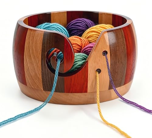 JINGIHE Wooden Yarn Bowl Colorful Floral Pattern Yarn Holder for Crochet | Wool Keeper Yarn Storage Holder Accessories for Crochet Knitting Wool Handcraft Projects Gift, 15x15x8cm