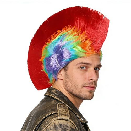 Perücke Irokese für Erwachsene, Lustige Perücken, Punkperücke, Bunte Perücken, Einfach zu Tragen, Frisur für Kostüme Oder Halloween