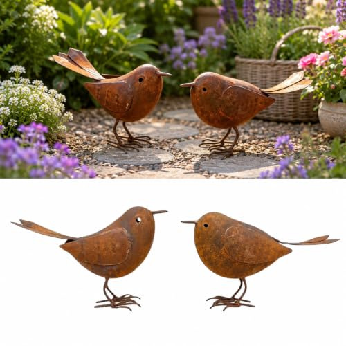 HIKLINK 2 Edelrost Vogel Gartenstecker aus Metall für den Garten | Für Garten, Terrasse, Hof und Zaun, wetterfestes Metall im Rostdesign für natürliche Gartendekoration